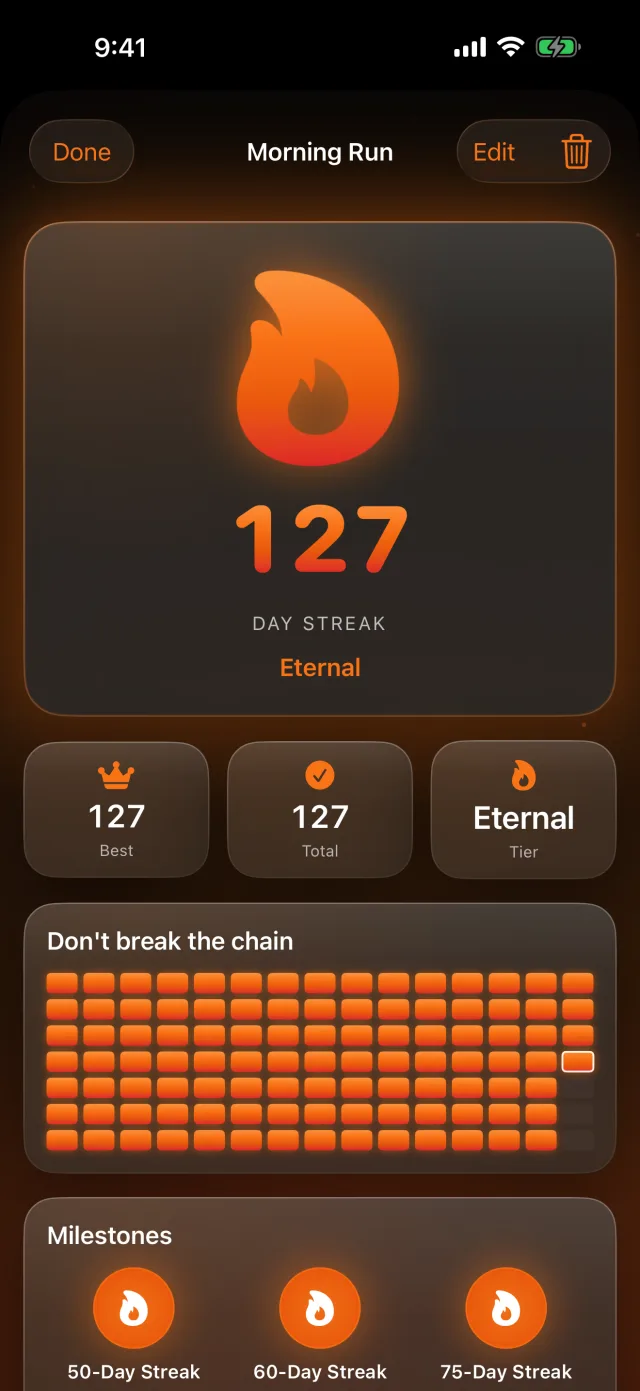 Habit Streak: Habits Tracker — A big glowing flame — each habit's streak, heatmap and milestones.