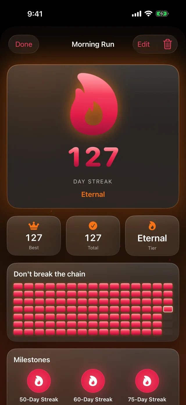 Habit Streak: Habits Tracker — The Crimson skin — warm, glowing streaks.