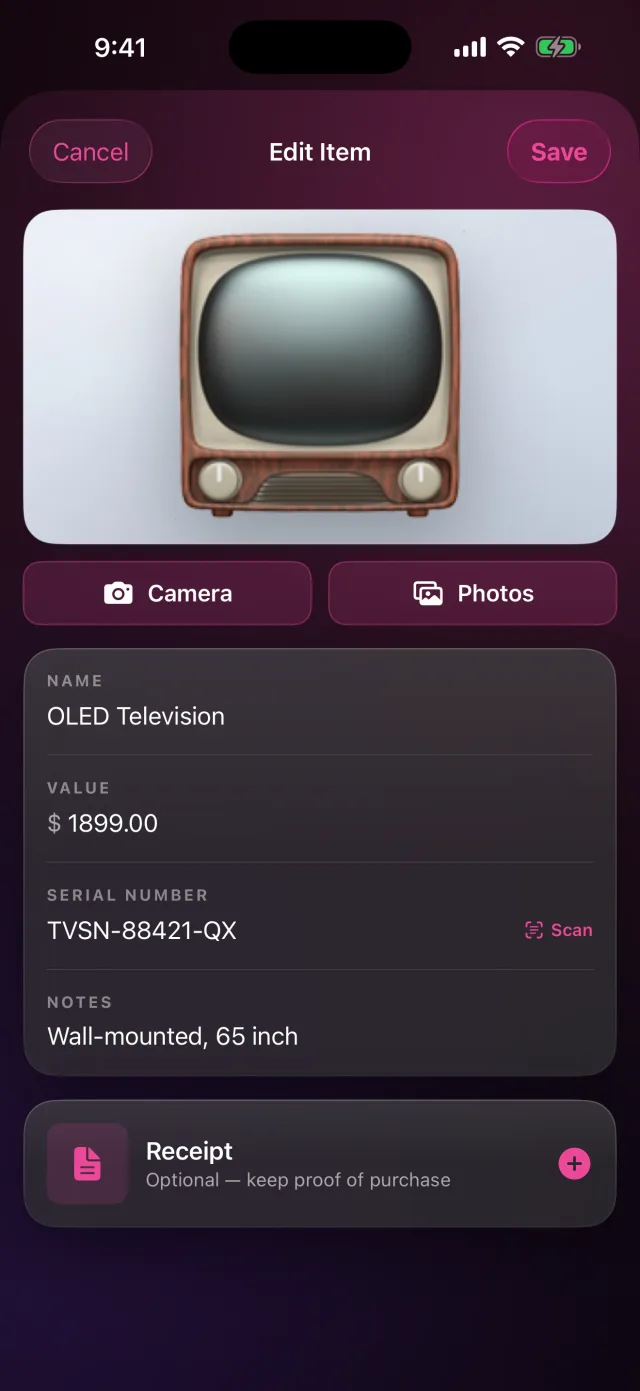 HomeVault: Inventory — Catalog an item — photo, name, value, serial (Scan), notes and receipt.