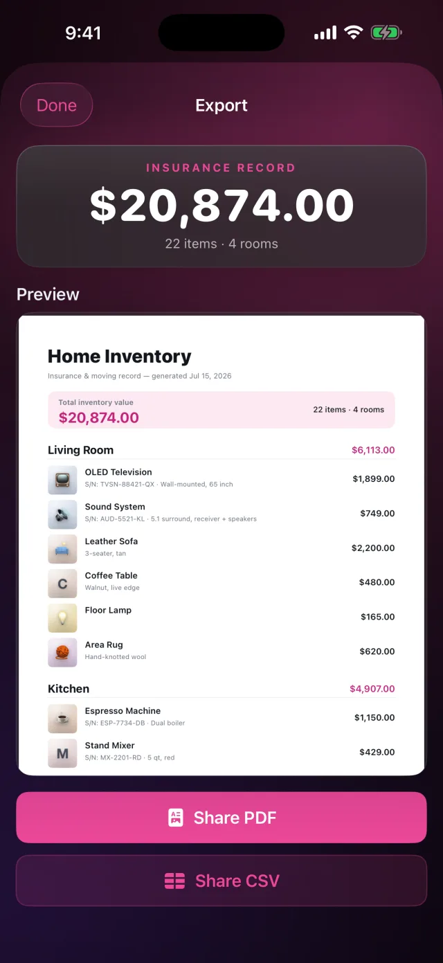 HomeVault: Inventory — Export an insurance-ready PDF or CSV in a tap
