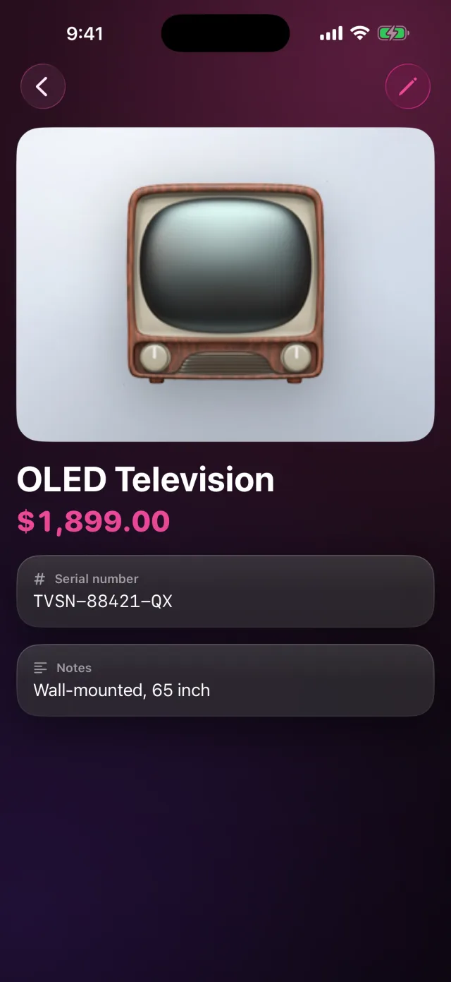 HomeVault: Inventory — Item detail — big product photo, value, serial number and notes.