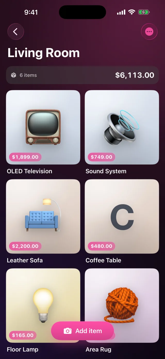 HomeVault: Inventory — A room's items with photo tiles and value pills