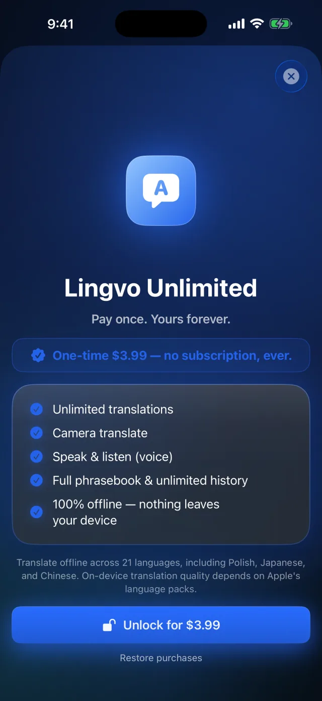 Lingvo: Offline Translator — Unlock all 21 languages, voice and camera for $5.99 — no subscription.