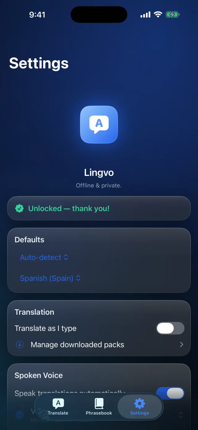 Lingvo: Offline Translator — Tune the Spoken Voice — pick a voice, set speed and pitch, auto-play translations.