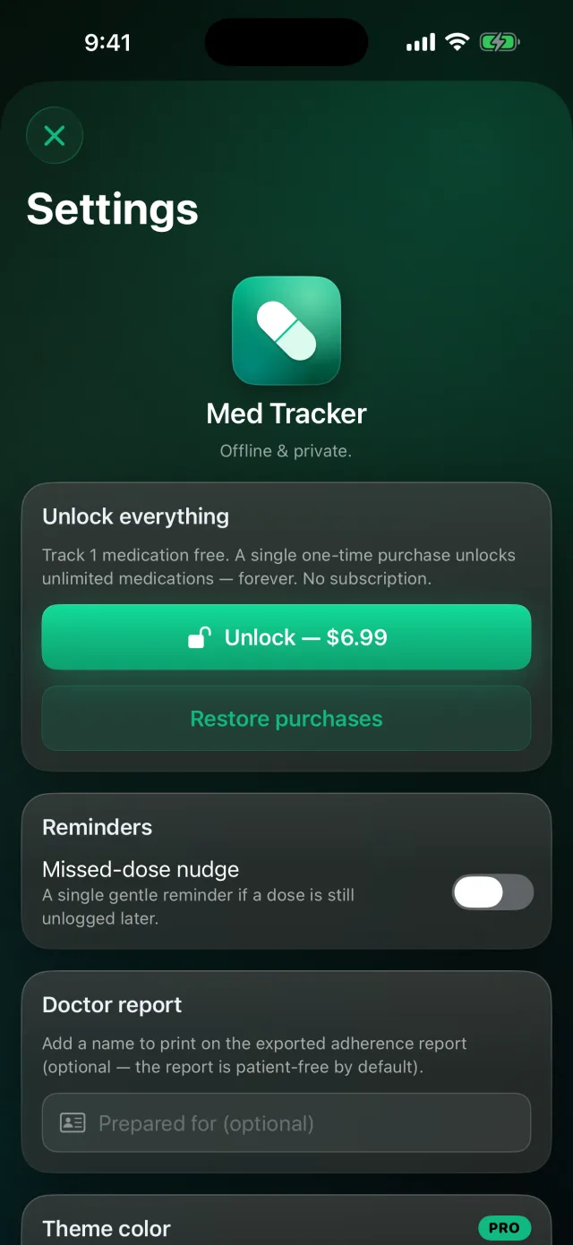 DoseLog: Medication Reminder — Private by design — gentle missed-dose nudges, a doctor-report export, nothing leaves your device.