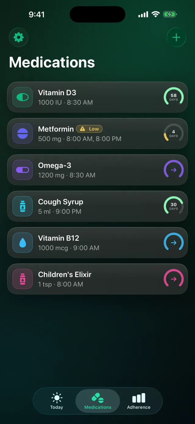 DoseLog: Medication Reminder — Never run out — the meds list shows how many days of supply each has left, flagging one Low so you refill in time.