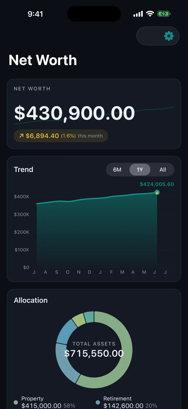 Networth: Assets & Net Worth — The same dashboard in dark mode — it follows your system appearance.