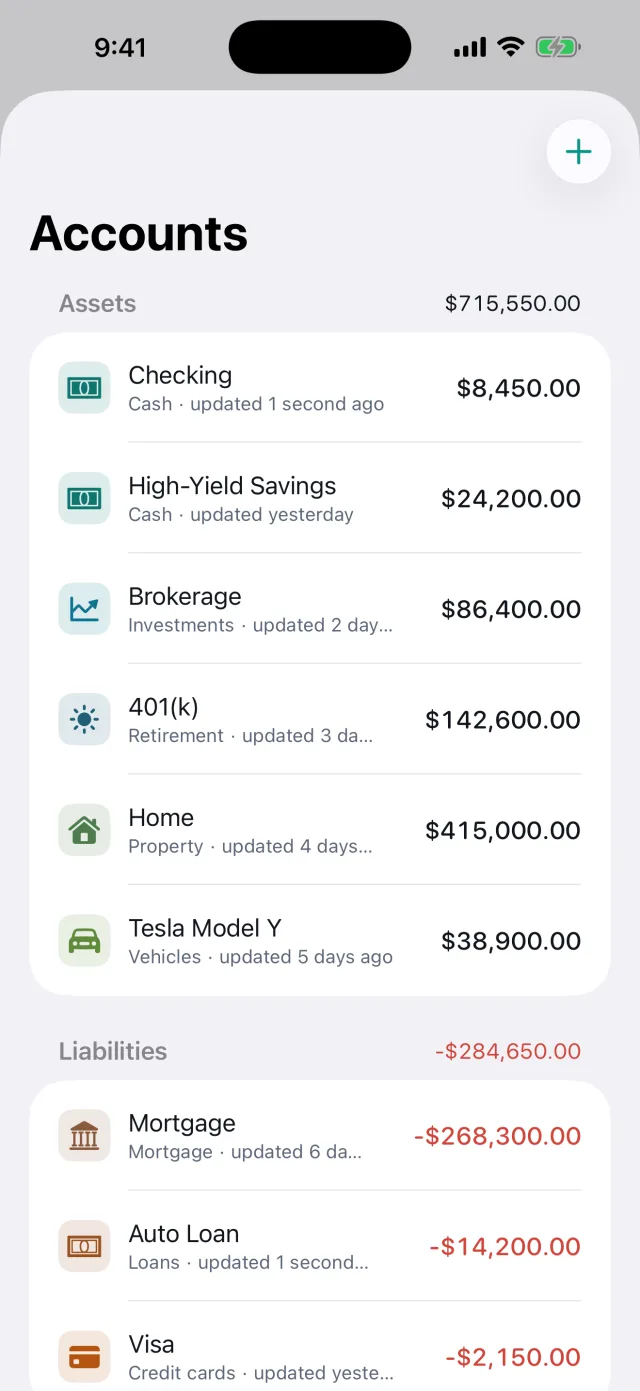 Networth: Assets & Net Worth — Every account and debt in one clean list, grouped by category.