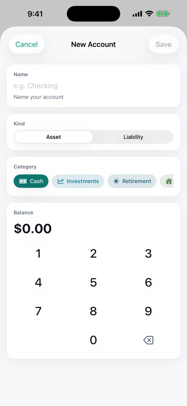 Networth: Assets & Net Worth — Add an asset or liability in seconds — cash, property, investments, loans.