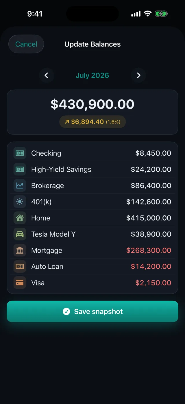 Networth: Assets & Net Worth — Update your balances each month — the app snapshots your net worth.
