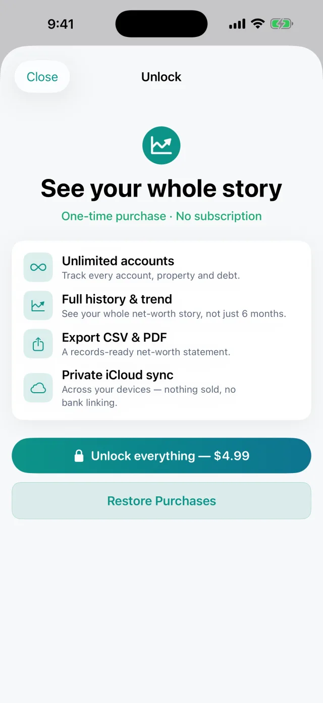 Networth: Assets & Net Worth — One-time $4.99 unlock — unlimited accounts, full history, no subscription.