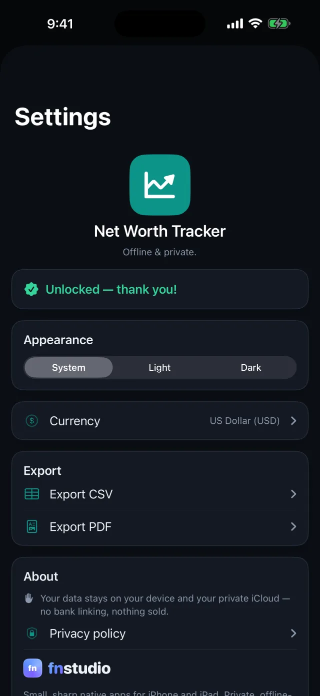 Networth: Assets & Net Worth — Private by design — your balances stay in your own iCloud, no bank link.