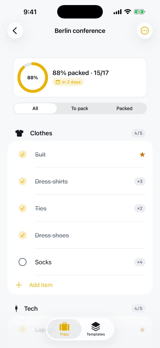 TripPack: Packing Checklist — Pack with a progress ring