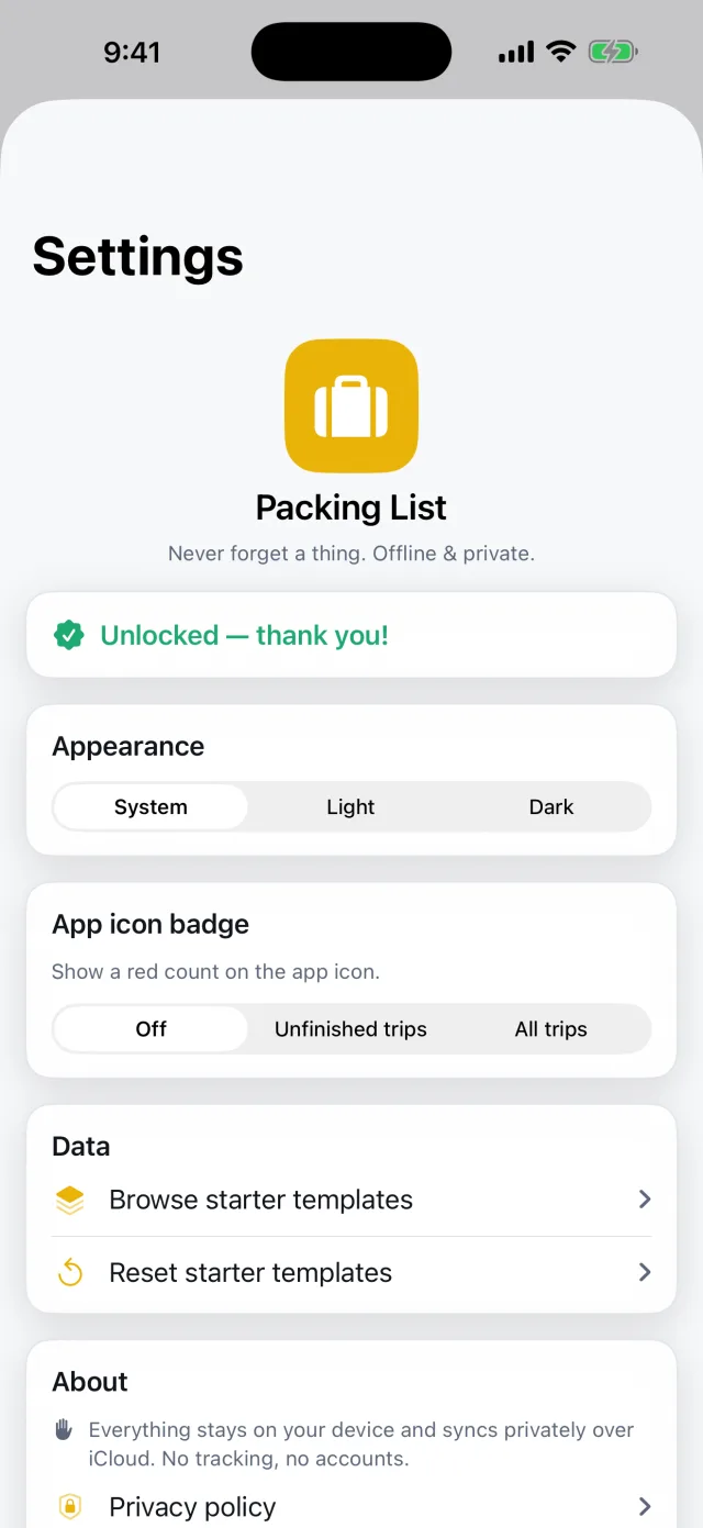TripPack: Packing Checklist — Offline & private