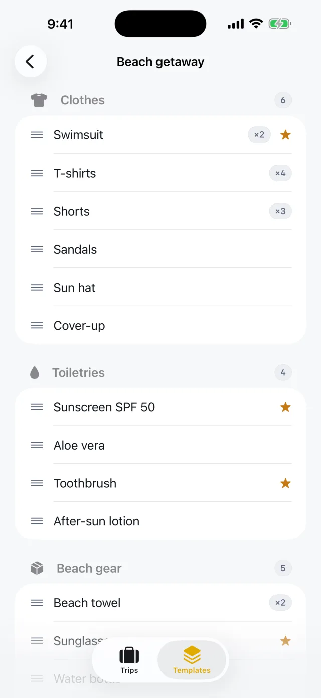 TripPack: Packing Checklist — Template contents