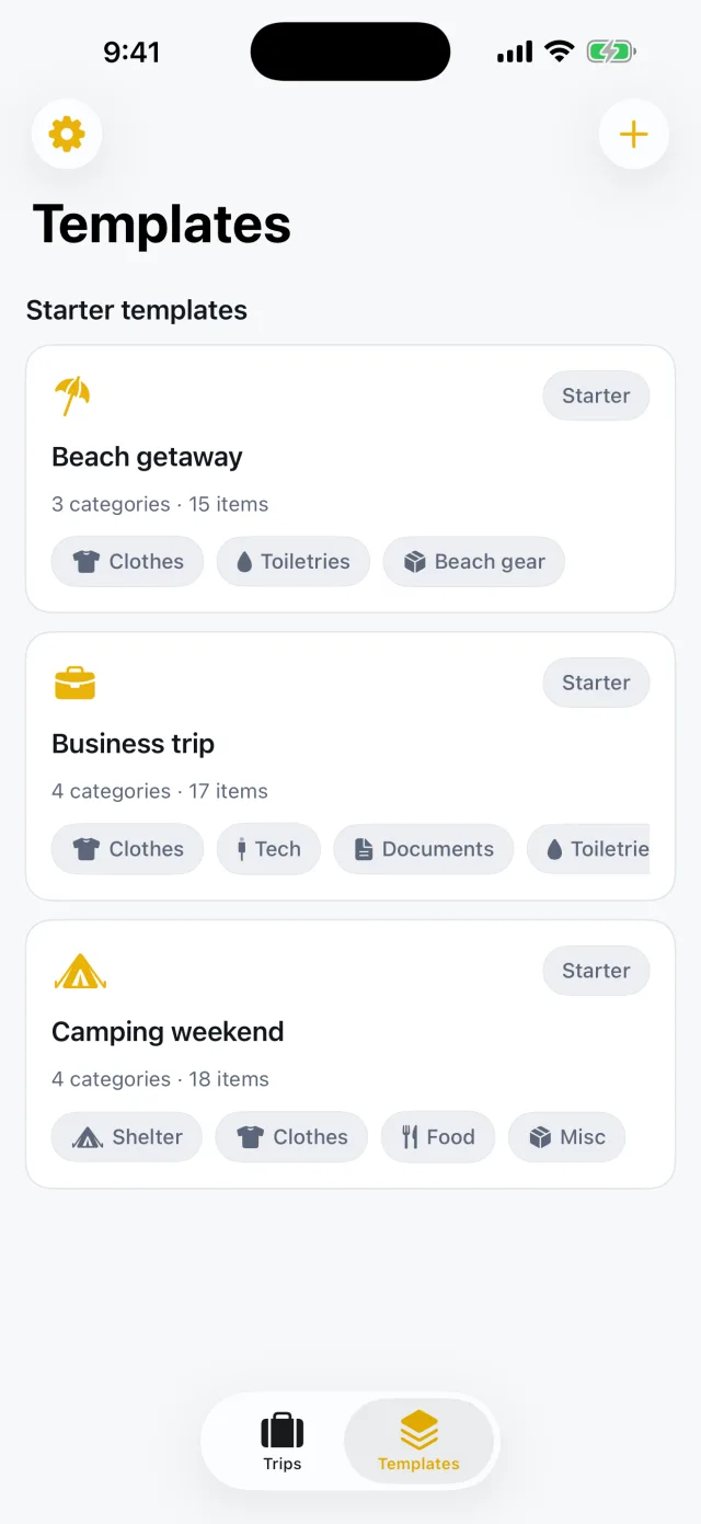 TripPack: Packing Checklist — Reusable templates