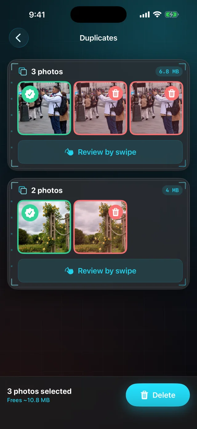 Pixweep: Photo Cleaner — Duplicates & bursts grouped, with the keeper picked for you
