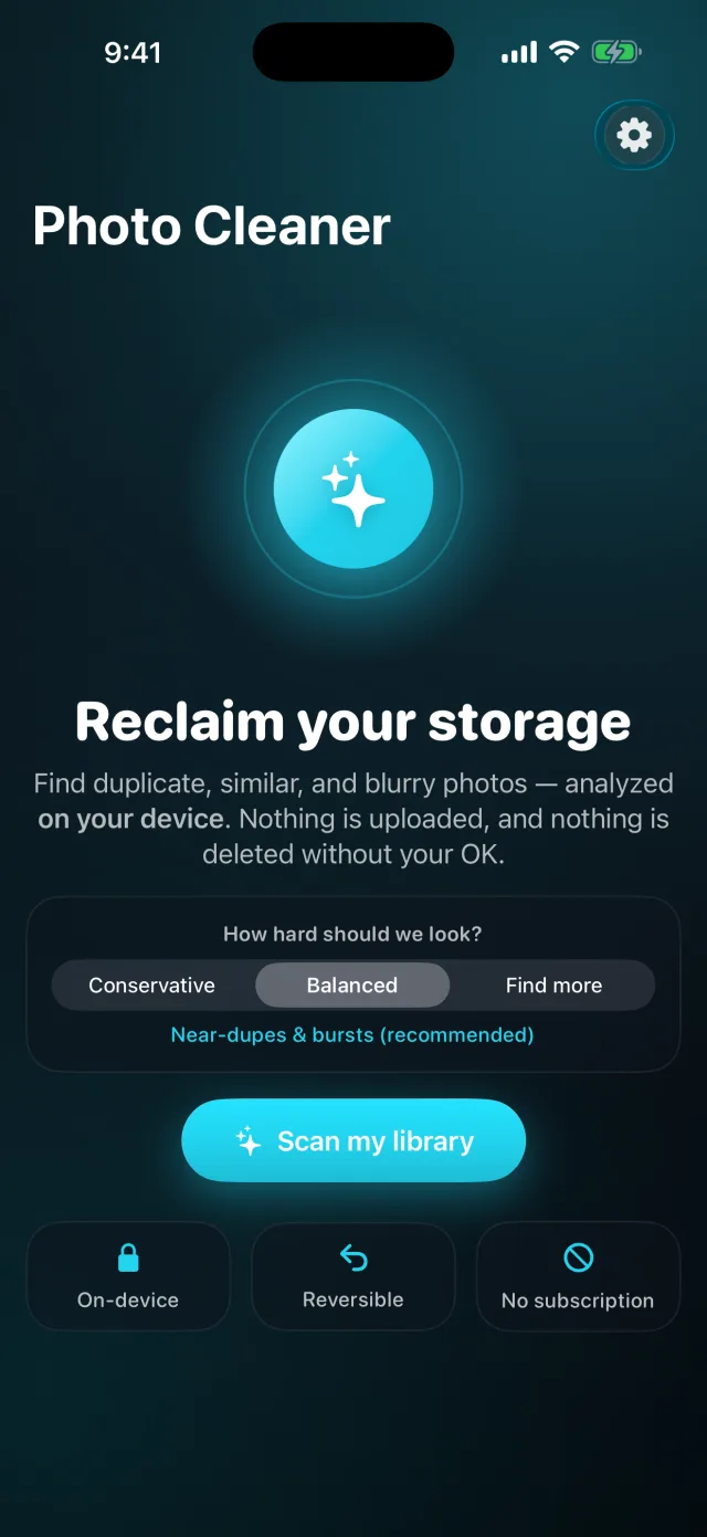 Pixweep: Photo Cleaner — Front door — reclaim your storage with an on-device, reversible, no-subscription cleaner.