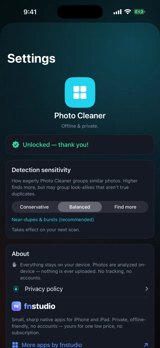 Pixweep: Photo Cleaner — Fully on-device. No account, no subscription.