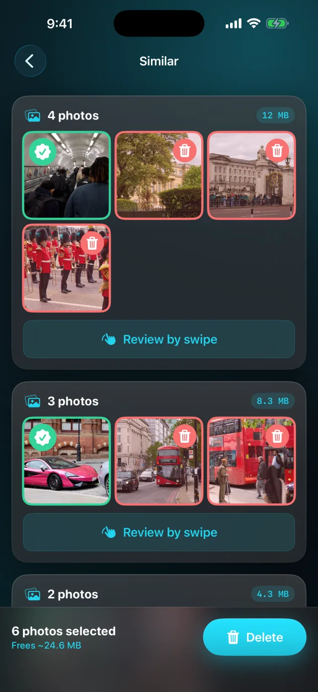 Pixweep: Photo Cleaner — Similar review — near-dupes and bursts grouped, keeper green, delete red, swipe to review.