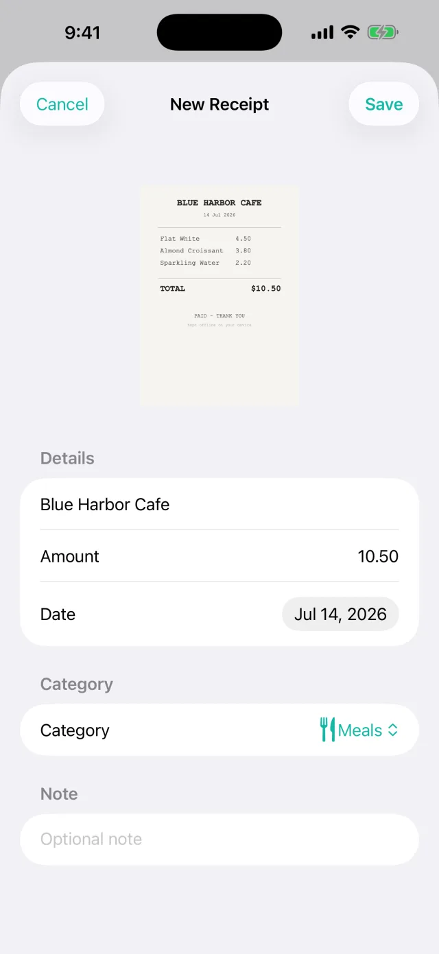Keepsy: Receipt Keeper — Snap a receipt — on-device OCR fills in vendor, amount and date