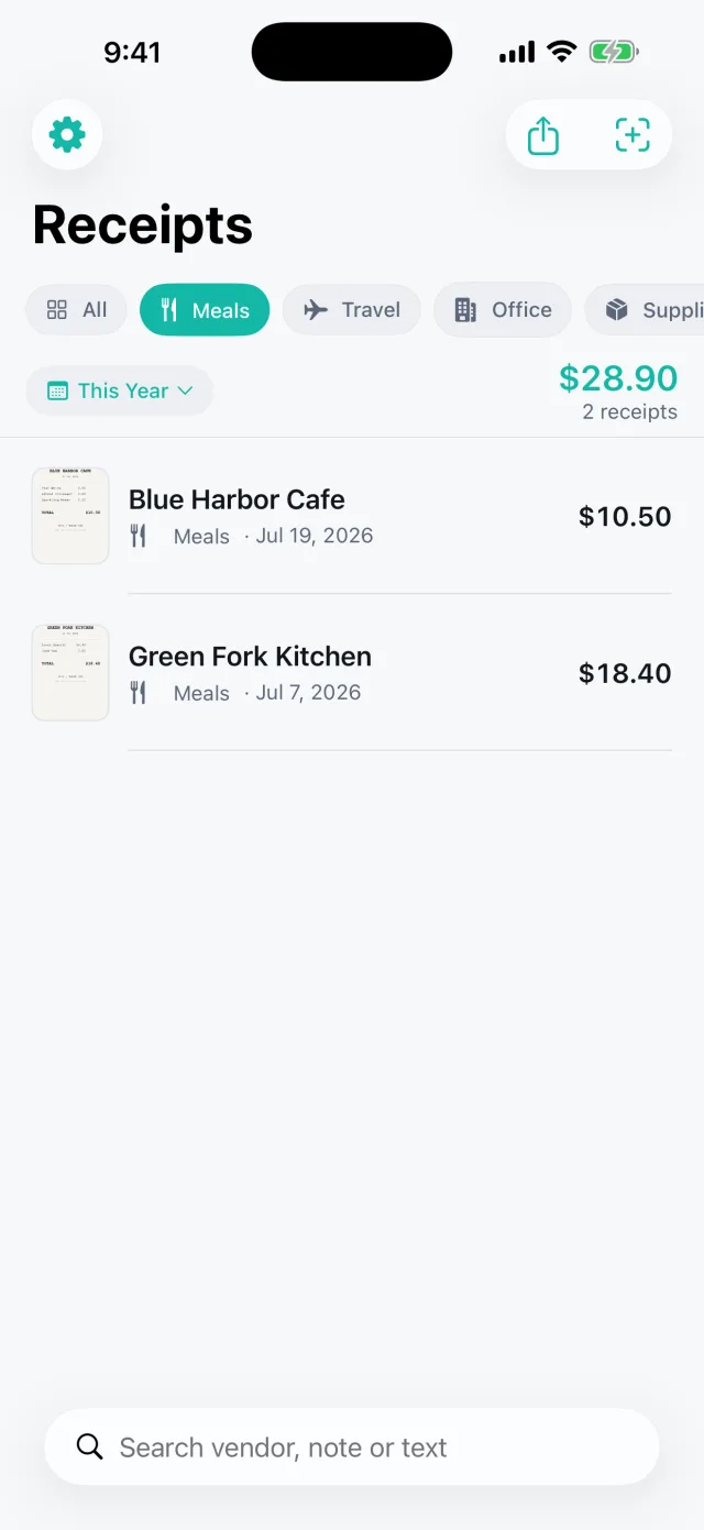 Keepsy: Receipt Keeper — Category breakdown — Meals filter with a per-category running total ($28.90, 2 receipts)