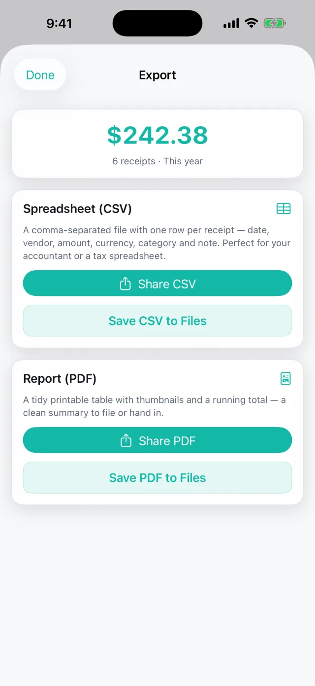 Keepsy: Receipt Keeper — Export a clean CSV or PDF at tax time — the whole year in one file