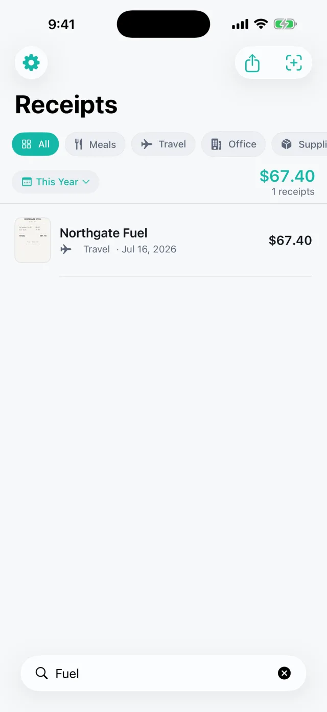 Keepsy: Receipt Keeper — Search results — filter receipts by vendor/note/text (query Fuel → Northgate Fuel)