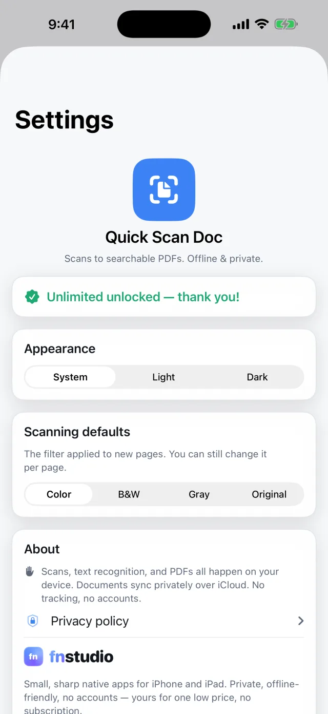Scanly: Quick Scan Doc — One-time unlock — no subscription, no accounts, all on device