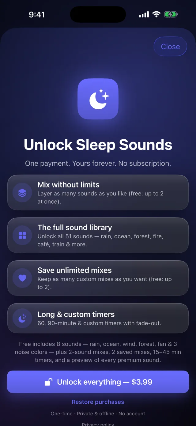 Lull: Sleep Sounds — One-time unlock — no subscription