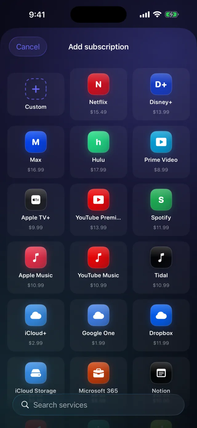 SpendRadar: Sub Tracker — Add in a tap from a grid of preset services — or a custom one.