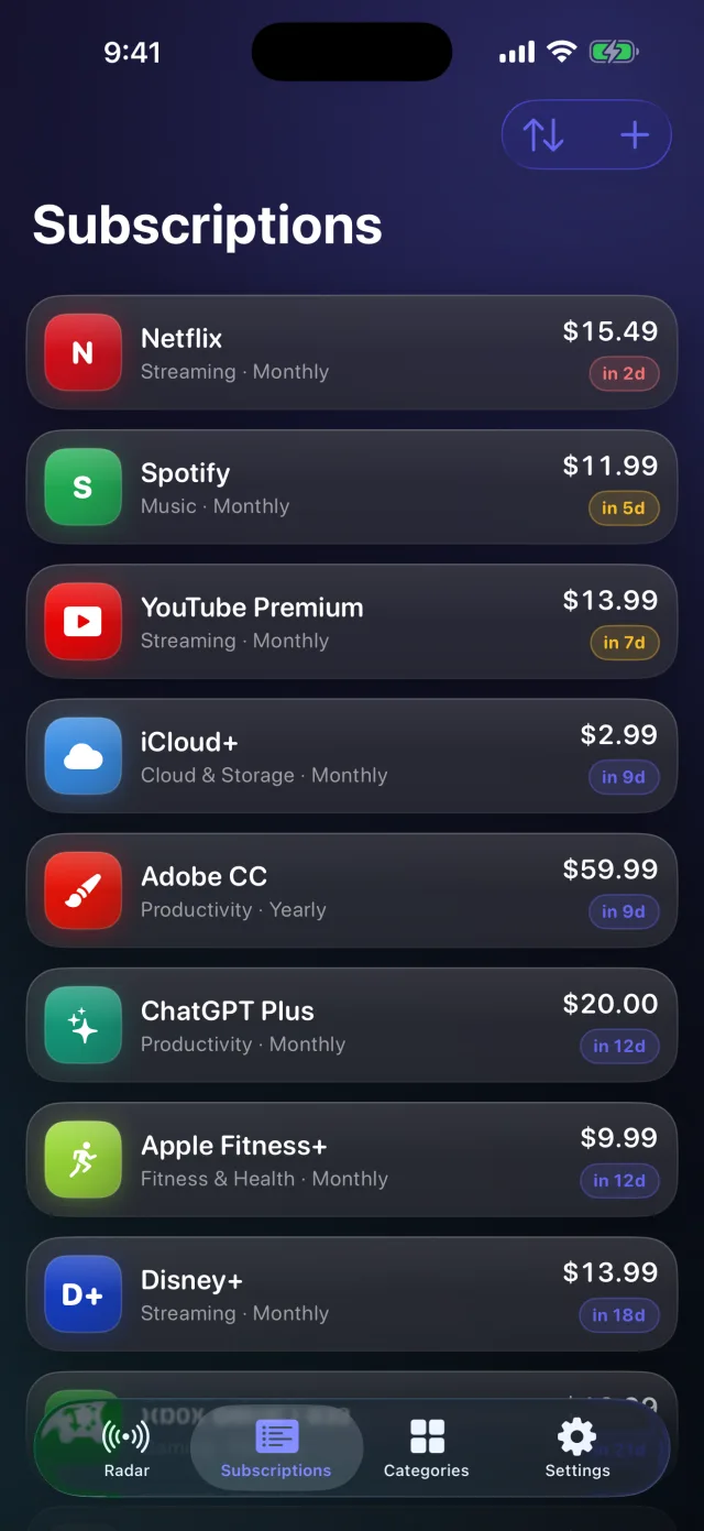 SpendRadar: Sub Tracker — Every subscription in one list, with the next renewal counting down.