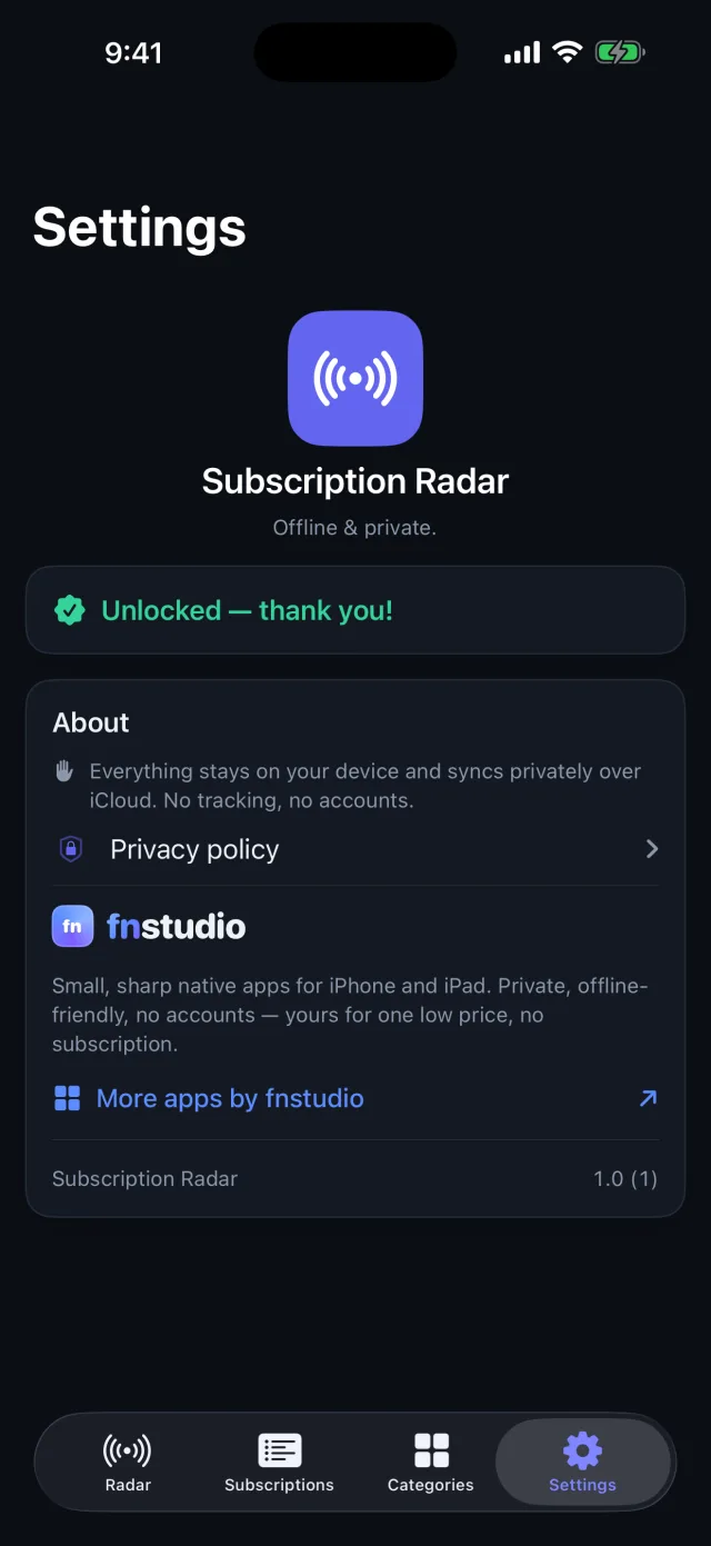 SpendRadar: Sub Tracker — Offline & private. One-time unlock, no accounts, no subscription.