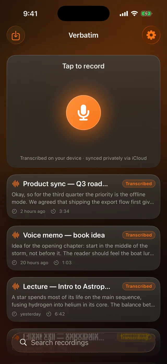 Verbatim: Voice to Text — Every recording, transcribed and searchable.