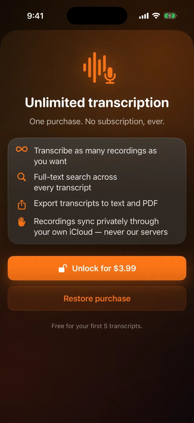 Verbatim: Voice to Text — Unlimited transcription for $5.99 — no subscription, ever.