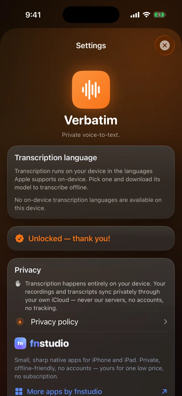 Verbatim: Voice to Text — On-device transcription, private iCloud sync — never our servers.