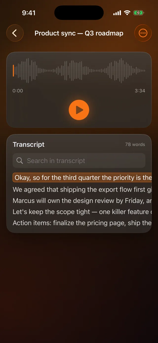Verbatim: Voice to Text — Tap any word to jump to that moment in the audio.