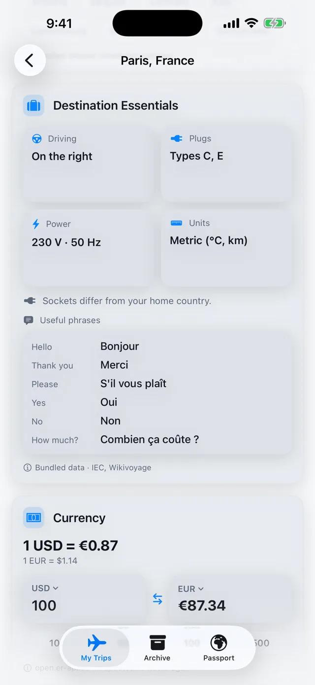 Voyager: Trip Companion — Plugs, power, and key phrases — offline