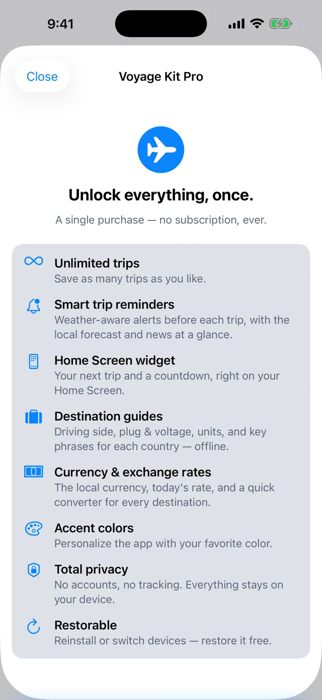 Voyager: Trip Companion — Unlock everything once — no subscription