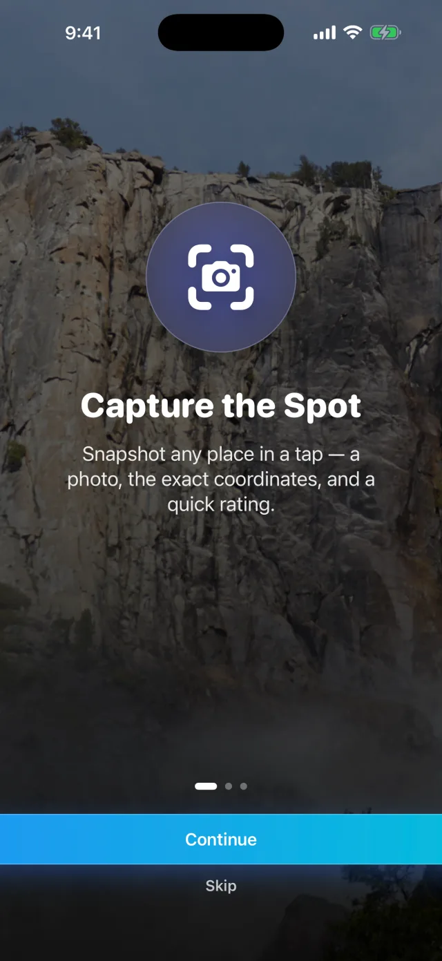Waypoint: Location Snapshot — First-run onboarding hero — Capture the Spot over a cinematic backdrop.